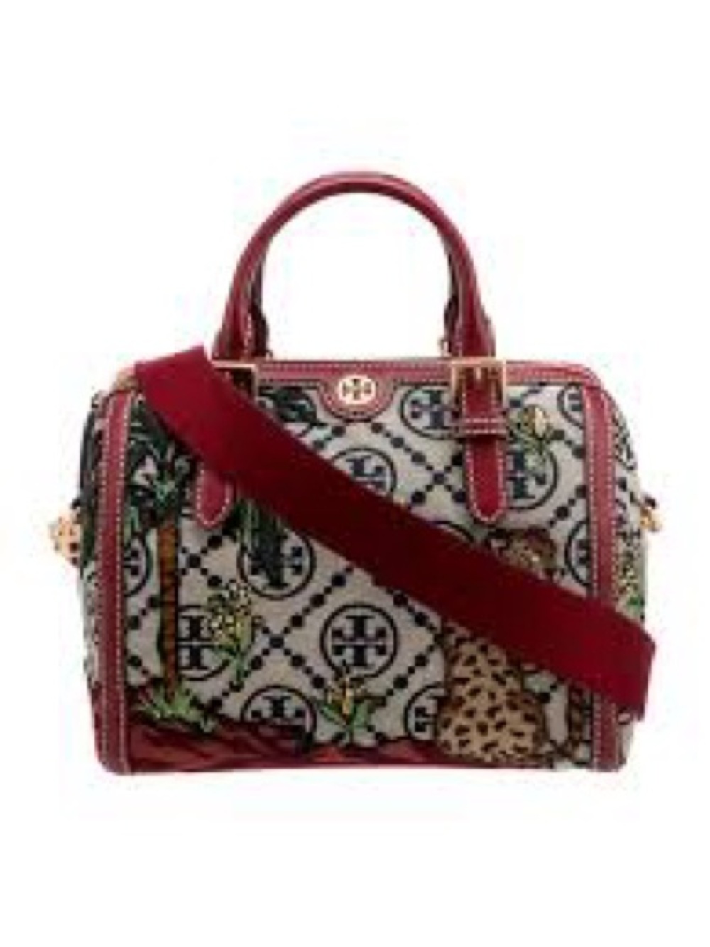 Tory Burch Like New Cream Canvas Printed Satchel with Red Trim and Navy Strap